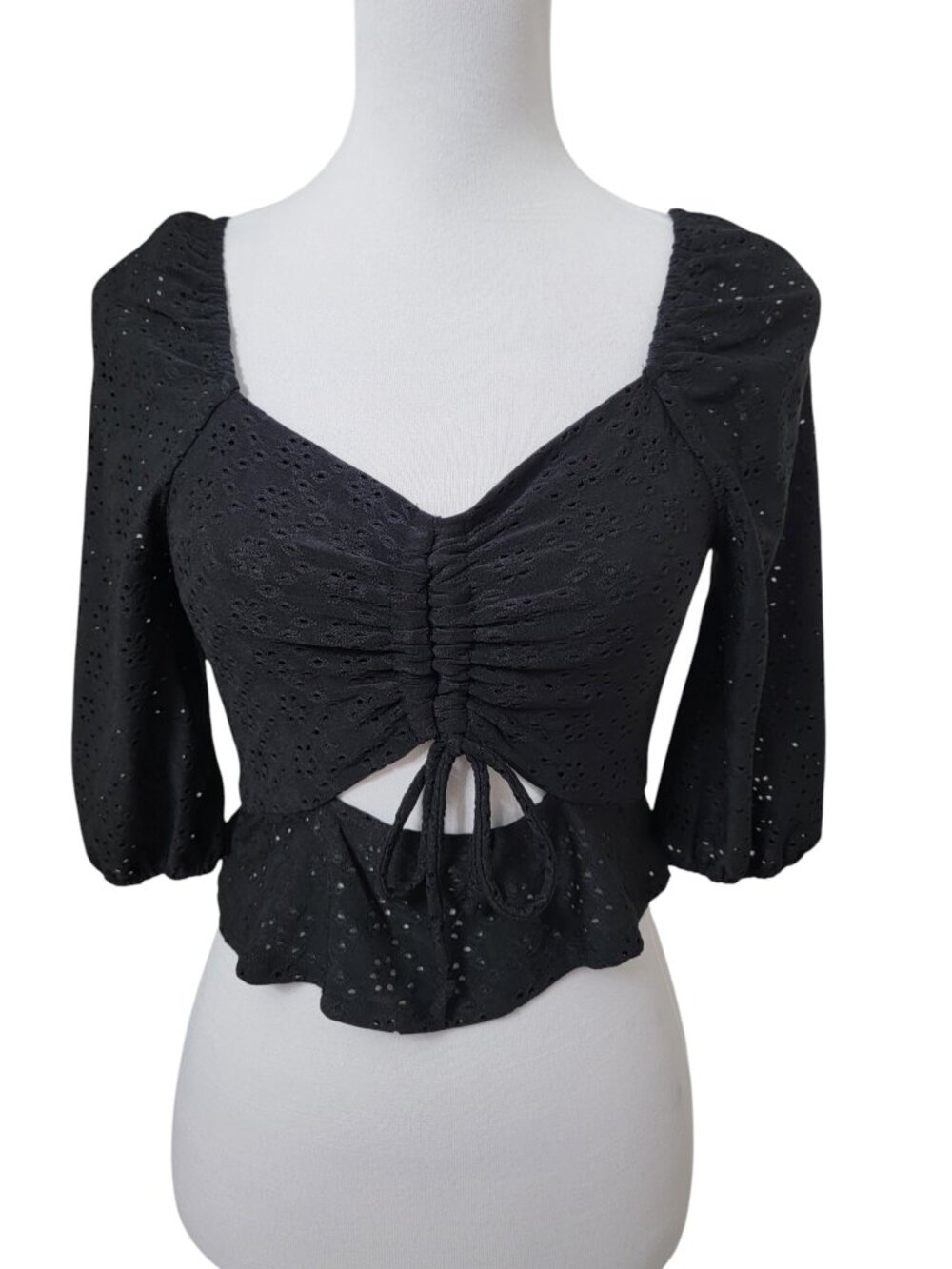 Urban Romantics Size XS Black Eyelet Blouse with Ruched Sweetheart Neckline